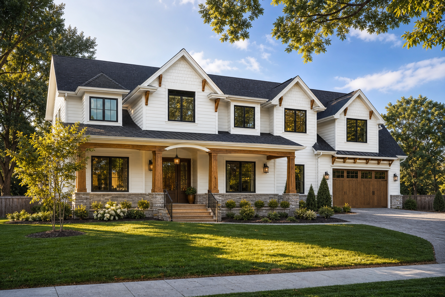 Beautiful two-story American craftsman home with white siding and landscaped front yard