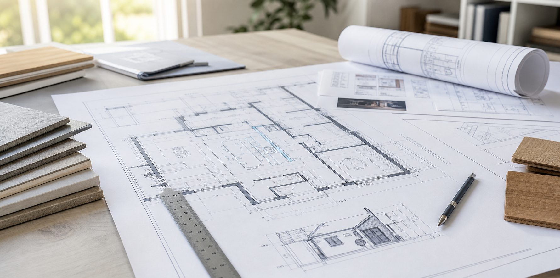 Architectural blueprints and renovation materials on a design desk