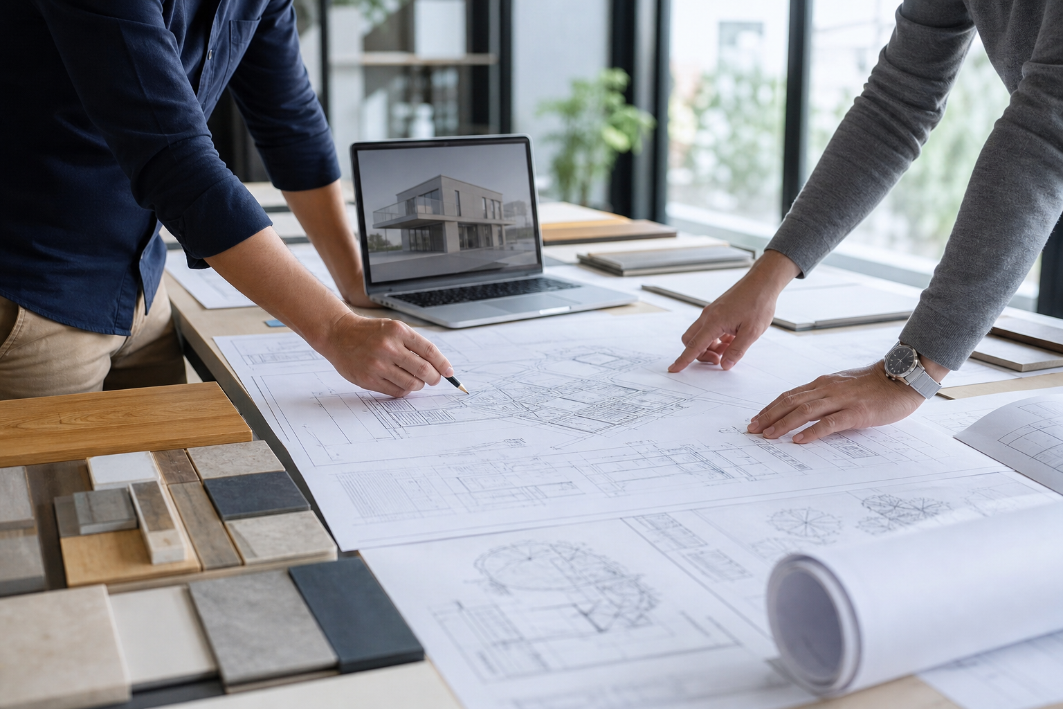 Architects reviewing remodeling plans in a design studio