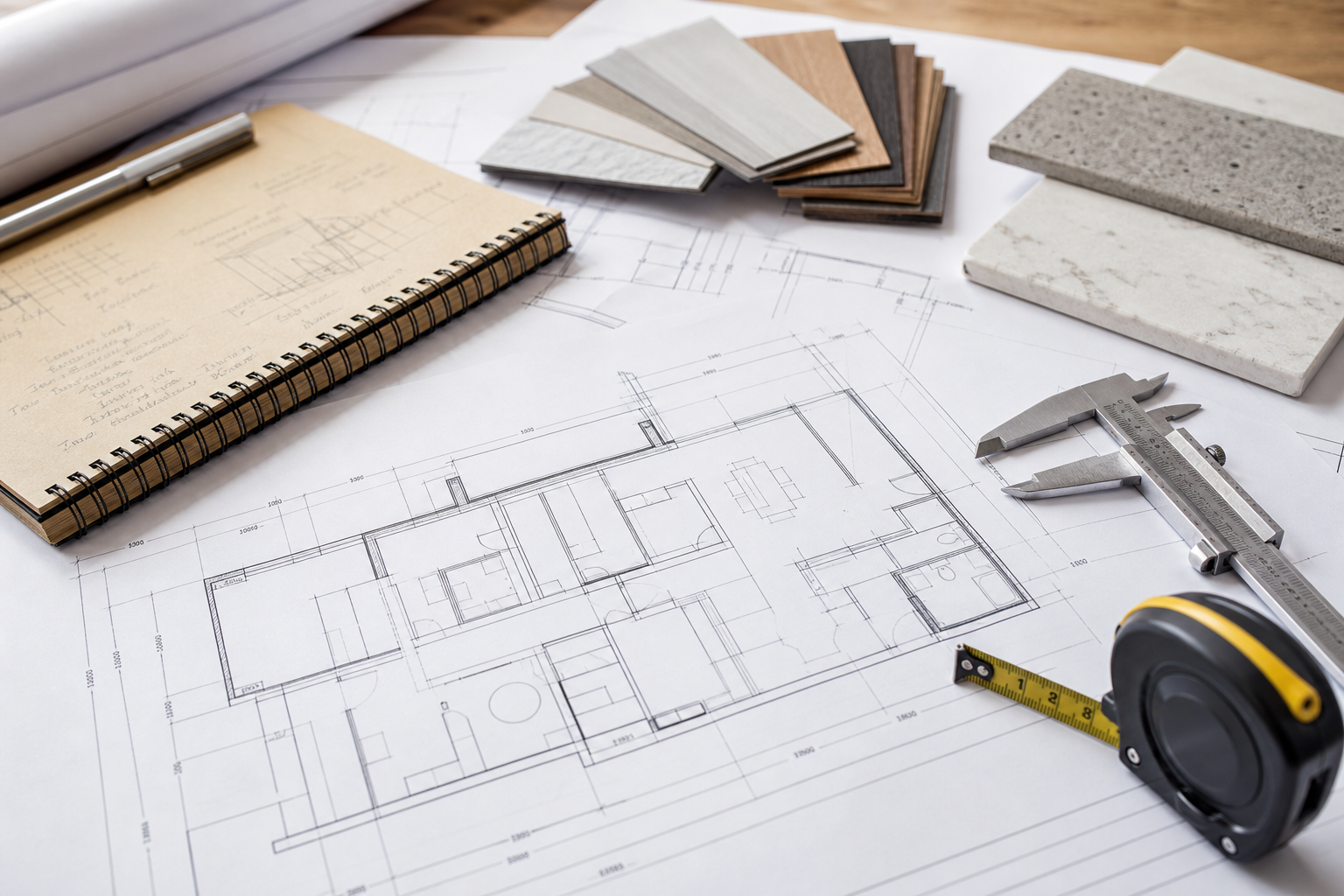Close-up of floor plans, measuring tools, and finish samples